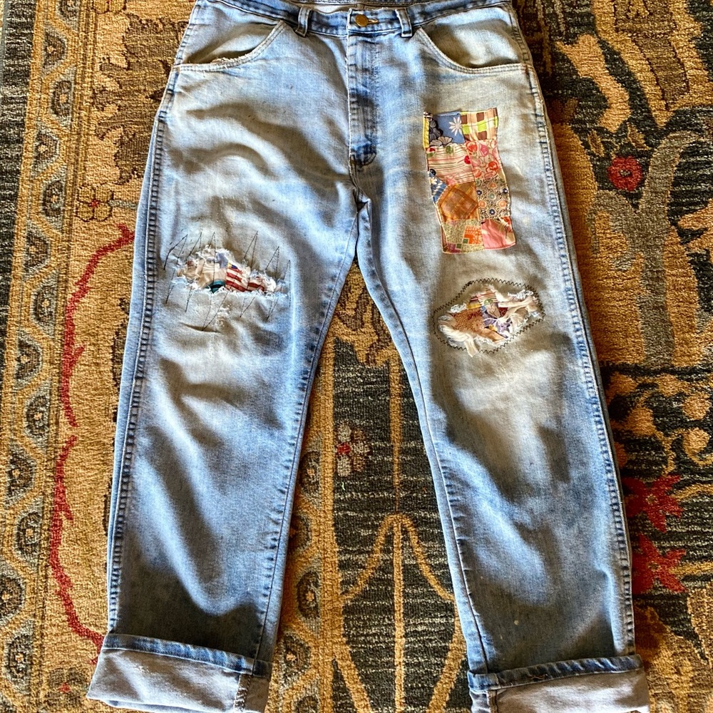 Vtg Destroyed Wrangler Jeans 34x29 Boyfriend Boho